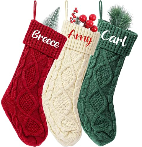 Individuell gestrickte Strümpfe mit Namen, personalisierte Weihnachtsstrümpfe, Weihnachtsstrümpfe, Monogramm, bestickter Strumpf für Sie (Weiß, 46 cm)