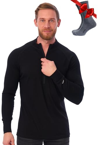 Merino Wool Base Layer Mens - Wool Half Zip Sweater Men - Merino Quarter Zip Sweater Lite, Midweight, Heavyweight and Socks (Large, 165 Black)