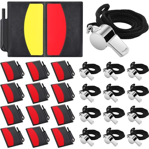 ReliThick 12 Sets Sports Referee Cards with Metal Whistle Referee Kit 12 Referee Soccer Red and Yellow Cards Referee Wallet Notebooks and 12 Coach Whistle for Football Soccer Basketball Game Sports