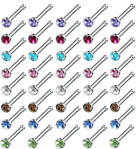 BZKSER nasenpiercing stecker - 60 pcs Piercing Nase,Nasenstecker Nasenpiercing Kristall-Strass-Schüttg Knochen gerade Stolzenstangenstiftstahl aus Edelstahl Nasenring (Mehrfarben)
