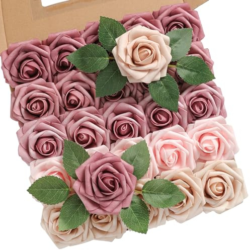 Koroni Flowers Rose Artificial Flowers Dusty Pink Ombre Color Foam Fake Roses with Stems 25pcs for DIY Wedding Bouquets Bridal Shower Centerpieces Party Decorations