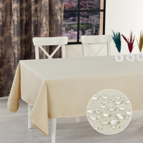 AUAUY Leinenoptik Tischdecke, 140x200 cm, Lotuseffekt Eckig, Beige | Tischtuch Leinendecke, Wasserabweisend, Tafeldecke, Tischwäsche, Fleckschutz, Pflegeleicht