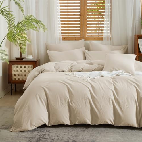 Gezu - Funda nórdica de algodón y lino, 220 x 240 cm, color beige y lino, algodón mixto, 100% natural, lino, algodón, suave, transpirable, ropa de cama para 2 personas con cremallera y fundas de