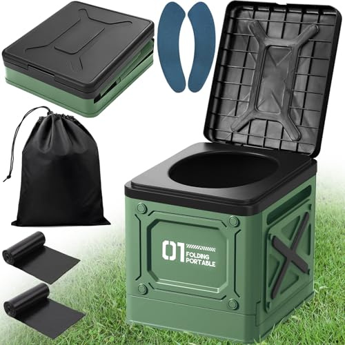 ITMNMNL Campingtoilette,Camping Toiletten,25L Mobile Toilette max 150 kg Campingtoilette Faltbar,Tragbare Toilette für Draußen oder Drinnen,Camping WC,Toilettenbag+Aufbewahrungsbeutel (Black Green)
