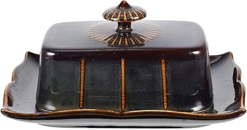 Mantequera de porcelana, mantequillera de cerámica con tapa, para mantequilla de 280 g, caja de mantequilla para el hogar y la cocina, plato de mantequilla con tapa y asa para cocina, 19,3 x 14,2 x 9