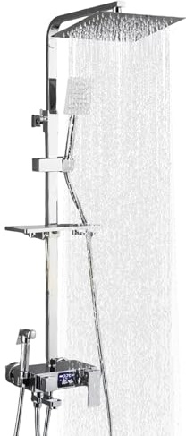 Thermostatic Shower Mixer, Intelligent Digital Display Home Shower Set, Square Bathroom Shower Mixer, 20cm Square Overhead Rainfall Shower, with Handheld Shower, Brass Diverter (Silver)