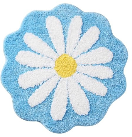 Bonita alfombra de baño con forma de flor y margaritas, alfombra de cachemira, alfombra antideslizante para el hogar, dormitorio, mesita de noche, baño, inodoro, absorbente de agua (azul)
