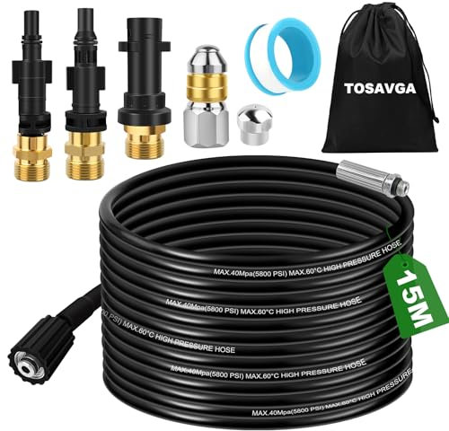 TOSAVGA Manguera de 15m para Karcher Desatascador de Tuberías A Presión, Manguera de Repuesto para Karcher K2-K7, Lavor, Bosch, Parkside, Negro