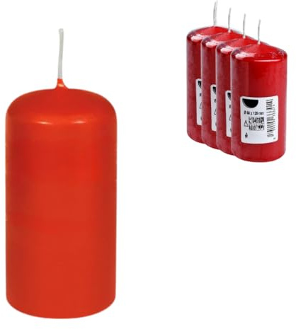 DeinPack 4 Stumpenkerzen rot HORECA | Ø 6 cm- Höhe 12 cm | Brenndauer: ca. 30 Stunden | Hochwertige Stumpenkerze | Adventskerzen | für Gastronomie, Hotels, Kirchen- Hochzeiten & Feierlichkeiten