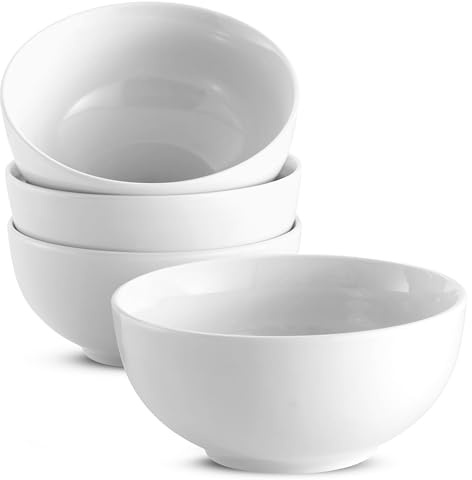 KooK Cuencos de cerámica para cereales, aptos para microondas, lavavajillas y congelador, platos de porcelana para sopa, pasta, ensalada, avena, interior profundo, 24 onzas, juego de 4, blanco