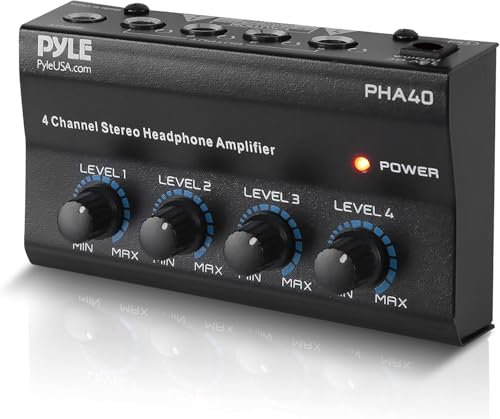 Pyle 4-Channel Portable Stereo Headphone Amplifier - Professional Multi Channel Mini Earphone Splitter Amp w/ 4 ¼” Balanced TRS Headphones Output Jack and 1/4 TRS Audio Input For Sound Mixer