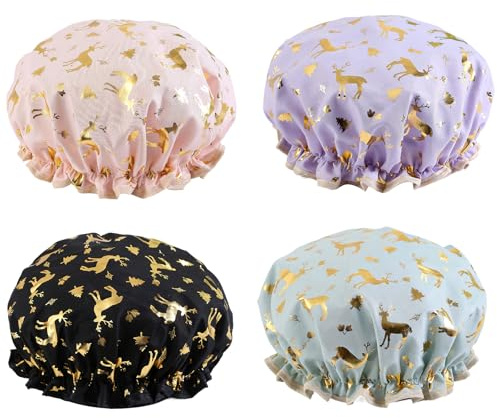 Lotnery 4Pcs Shower Caps for Women & Girls, Double Layer Waterproof Bath Cap with Ruffled Edge Covering Ears, Reusable Hair Protector for Bathing, Spa, Cooking - Floral Deer Print,