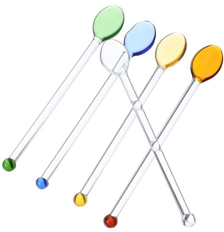 ERINGOGO 5pcs Glass Long Handle Spoon Reusable Glass Dessert Spoon Stirrer Cocktail Tea for Home and Bar