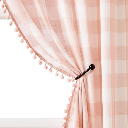 Cute Blush Buffalo Check Pom Pom Curtains 42x84 Farmhouse Plaid Kids Room