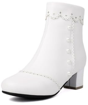 Stivaletti Eleganti da Donna con Punta Tonda Decoro Perla Finiture Smerlate Tacchi A Blocco Medio Cerniera Laterale Scarpe Casual da Sera per Feste alla Moda,Bianca,38 EU