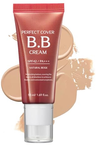 BB Cream with SPF42, Perfect Cover Natural Beige BB Cream Foundation, Brighten Illuminating Color Correcting, Lightweight Hydrating Formula Adapts to Skin Tone for a Natural Glowy Finish,1.69 fl.oz.
