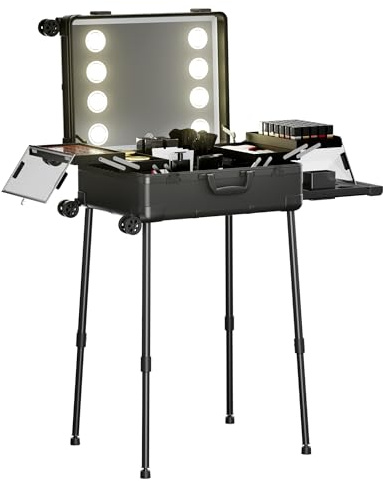 Valise de Maquillage à Roulettes en Aluminium, Grand Miroir avec LED Éclairage, Organisation Cosmétiques avec Serrure à Code, Station de Mallette Maquillage Pliable pour Studio et Voyage, Noir