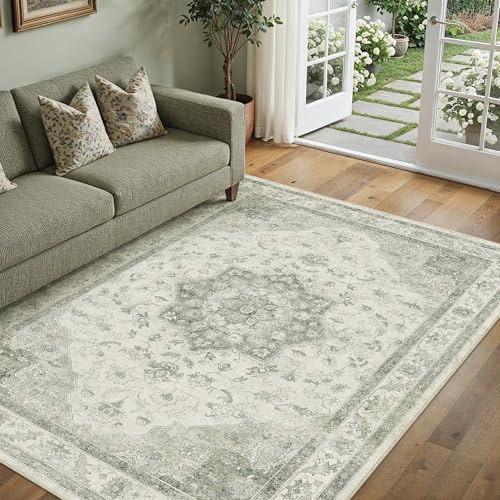PureCozy Vintage Grün Teppich Wohnzimmer 140x200cm Waschbar | Waschbarer Teppich, Weich Rutschfest, Kurzflor Boho, für Wohnzimmer Schlafzimmer Esszimmer Büro, Großer Teppich