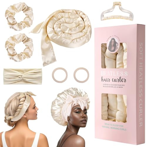 Rizadores de Pelo Sin Calor, GeeRic Heatless Curls Rulos Juego de Rizadores de Satén Sin Calor con Gomas Elásticas+Gorro de Ducha+ Diademas +Pinzas para El Hogar y Fiestas Seda