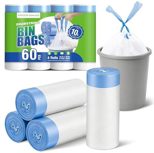 PANSUN Selected Bin Bags 10L, 60 Counts Small Bin Liners | Drawstring Bin Bags Pedal Garbage Bags for Bathroom, Toilet, Kitchen