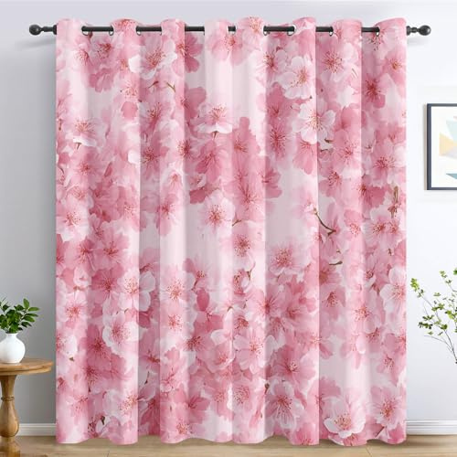 Generisch Vorhänge Blüte Rosa, Mädchen Pflanzen Blumenmuster Vorhang Blickdicht Schlafzimmer Wohnzimmer, Verdunklungsvorhänge, Gardinen mit Ösen 2er Set, H137 X B117 cm E-D10