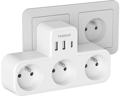TESSAN Multiprise Murale Française 3 Sortie AC et 2 USB C, 4000W, Blanc | Prise Multiple avec 3 AC et 3 Ports USB, Adaptateur Secteur,Convient pour la Maison, Bureau, Compatible avec Phone, Portable