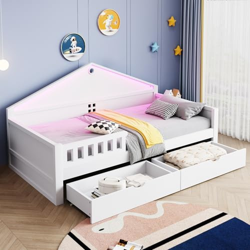 Merax Kinderbett 90x200 cm mit LED-Lichtleiste, 2 Schubladen und Lattenrost, Einzelbett Jugendbett mit Stauraum, bis 150 kg belastbar, für Kinderzimmer, Weiß (ohne Matratze)