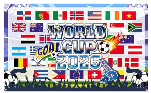GXGM Banniere Coupe du Monde 2026, 185 x 110 cm, decor mural football pour watch party, fond photo avec drapeaux nationaux, decoration fete supporters