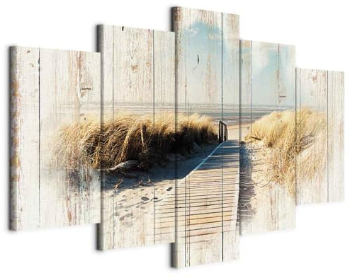B&D XXL - Wandbilder XXL Strand Meer 100x50cm 5 tlg - Wand Deko Leinwand Bilder Groß Wanddeko Wohnzimmer Schlafzimmer Kunstdrucke - Holzoptik Landschaft Natur Brücke c-C-0029-b-o