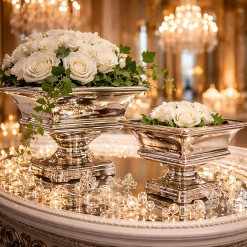 2er-Set Dekoschale mit Fuß Keramikschale Hochzeitsdeko Pflanzgefäße Tischdeko Silber Blumenschale Silberschale Blumengefäß Schale Obst Bonbonschale Tafelaufsatz Nostalgie Große Obstschale Gebäckschale