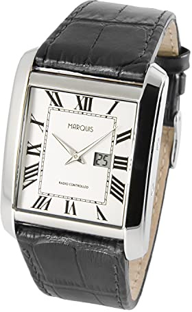 MARQUIS Herren Funkuhr, deutsches Funkwerk, Schwarzes Lederarmband mit Edelstahlverschluss, Edelstahlgehäuse 964.4909