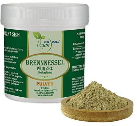VITA IDEAL Vegan® BRENNNESSEL - Wurzel 100g PULVER - Urtica dioica - Tagesportion 650mg BRENNESSELWURZEL, natürlich, pflanzlich & ohne Zusatzstoffe, Inklusive Messlöffel.