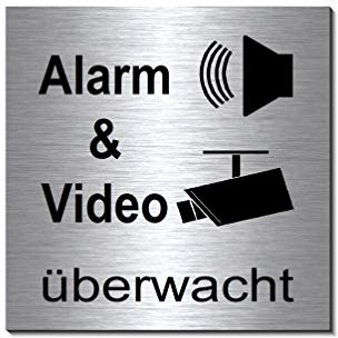 Video + Alarmgesichert-überwacht-Symbol-Schild 100 x 100 x 3 mm-Aluminium Edelstahloptik silber mattgebürstet-selbstklebend Warnschild-Videoschild-Hinweisschild 1910-29