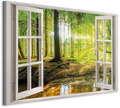 murando – Cuadro en lienzo Vista de la Ventana 120x80 cm 1 pieza Impresión en Material Tejido no Tejido Impresión Artística Imagen Decoracion de Pared Bosque c-C-0084-b-a