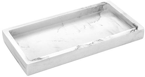Emibele Plateau Bijoux en Résine, Plaque Bijoux Marbre Rectangulaire, Coffret Organisateur Rangement Assiette pour Bijoux Bague Collier Salle de Bain, Plateau Décoratif Style Nordique, Gravier Blanc