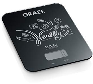 GRAEF Digitale Küchenwaage KS202, schwarz, leicht zu reinigende Glasoberfläche, Wiegefunktion bis zu 5 kg, intelligente Tara-Zuwiegefunktion