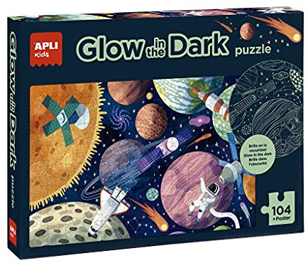 APLI Kids 18812-Fluoreszierendes Puzzle Glow in the Dark-Modell Sonnensystem Neon-Effekt, leuchtet im Dunkeln, 104 Teile Größe 5 x 5 cm (18812)