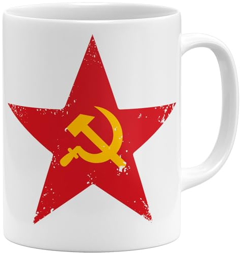 OM3® Soviet-Star Kaffee-Tasse mit Hammer und Sichel Symbol - Roter Stern - Retro Design - Keramik Becher - 325ml - Beidseitig Bedruckt - Weiss