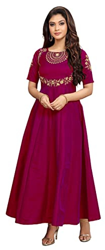 TRENDMALLS Abito da donna in seta Anarkali Kurti con buco della serratura a maniche corte lunghezza al polpaccio abito etnico indiano viola, Viola, L