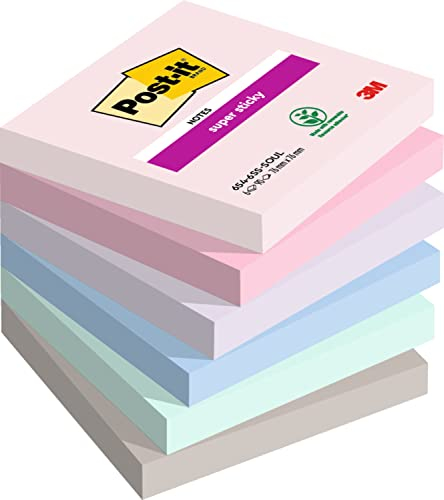Post-it Notes Autocollantes Super Sticky, Couleurs Soulful, Pack de 6 Blocs, 90 Feuilles par Bloc, 76 mm x 76 mm - Feuillets Super Adhésifs pour Prise de Notes, Listes de Tâches et Rappels