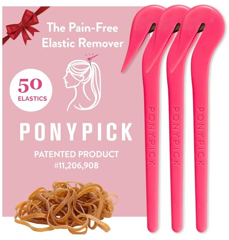 THE PONY PICK Hair Elastic Rubber Bands Cutter - Easy To Use, Pain-Free, No Hair Damage - Ponytail Tool for Kids & Toddlers (3 Packs & 50 Brown Elastics)