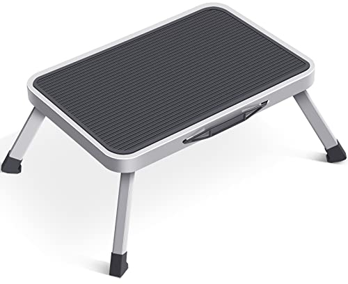 KINGRACK Sgabello Pieghevole Portatile con Superficie in Gomma Antiscivolo, Scaletta 1 Gradino Camper per Cucina, Scalino Predellino per Caravan, Leggero in Acciaio, Fino a 150 kg, Grigio