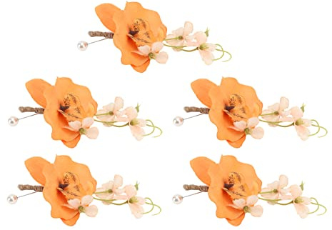 ZHDOKA 5 Stück Gefälschte Orchideen-Boutonniere mit Anstecknadeln, Bräutigam Trauzeuge Ansteckblume für Hochzeit, Party, Abschlussball, Mann, Anzug, Dekoration(Orange)