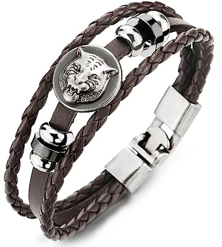 COOLSTEELANDBEYOND viking tiger, brunt flätat läderarmband multisnöre läderlinda svettband herrarmband, länge 20CM, Läder, Ingen ädelsten