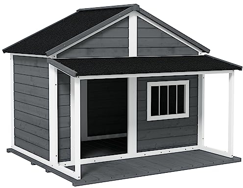 PawHut Hundehütte aus Massivholz Kleintierhaus Hundehaus mit Terrasse Asphaltdach Outdoor wetterfeste Hütte für draußen Grau 124 x 112 x 105 cm