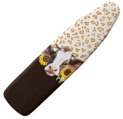 HUGS IDEA Copriasse da stiro con stampa di mucche e girasoli, accessori di ricambio, 132 x 33 cm, copertura protettiva elastica per asse da stiro, con bordi elastici