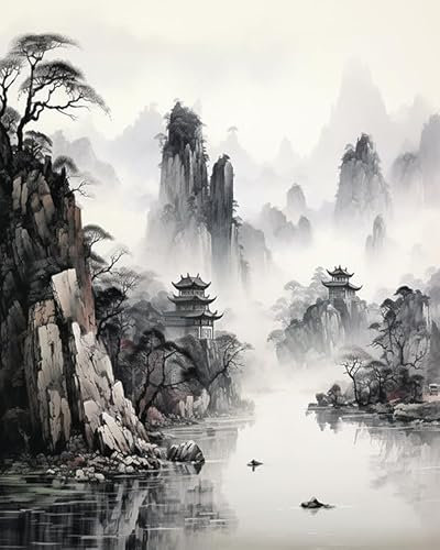 ZMHZMY Malen nach Zahlen Erwachsene,Tusche-Landschaftsmalerei im chinesischen Stil 40 x 50cm DIY Handgemalt Ölgemälde Kits auf Leinwand Geschenk für Weihnachten Geburtstag, Home Haus Deko