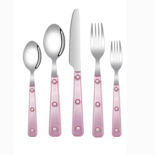 Royal Shang Youpin Ensemble De Vaisselle en Argenterie À Poignée Transparente Givrée, Ensemble De Couverts en Acier Inoxydable 18/10, Couteau De Table À Steak, Fourchette (Rose,5 pièces)