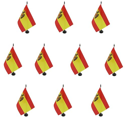 AZ FLAG 10 Stück Tischflagge Spanien 1977-1981, 21 x 14 cm – 10 kleine spanische Flaggen, 100% Polyester, mit Fahnenstange von 25 cm und Sockel aus schwarzem Kunststoff