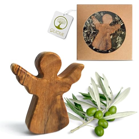 OLIQUE Schutzengel aus Olivenholz - Handgemachter Handschmeichler als Geschenk zur Geburt, Taufe Kommunion und zur Firmung (Ohne Gravur)